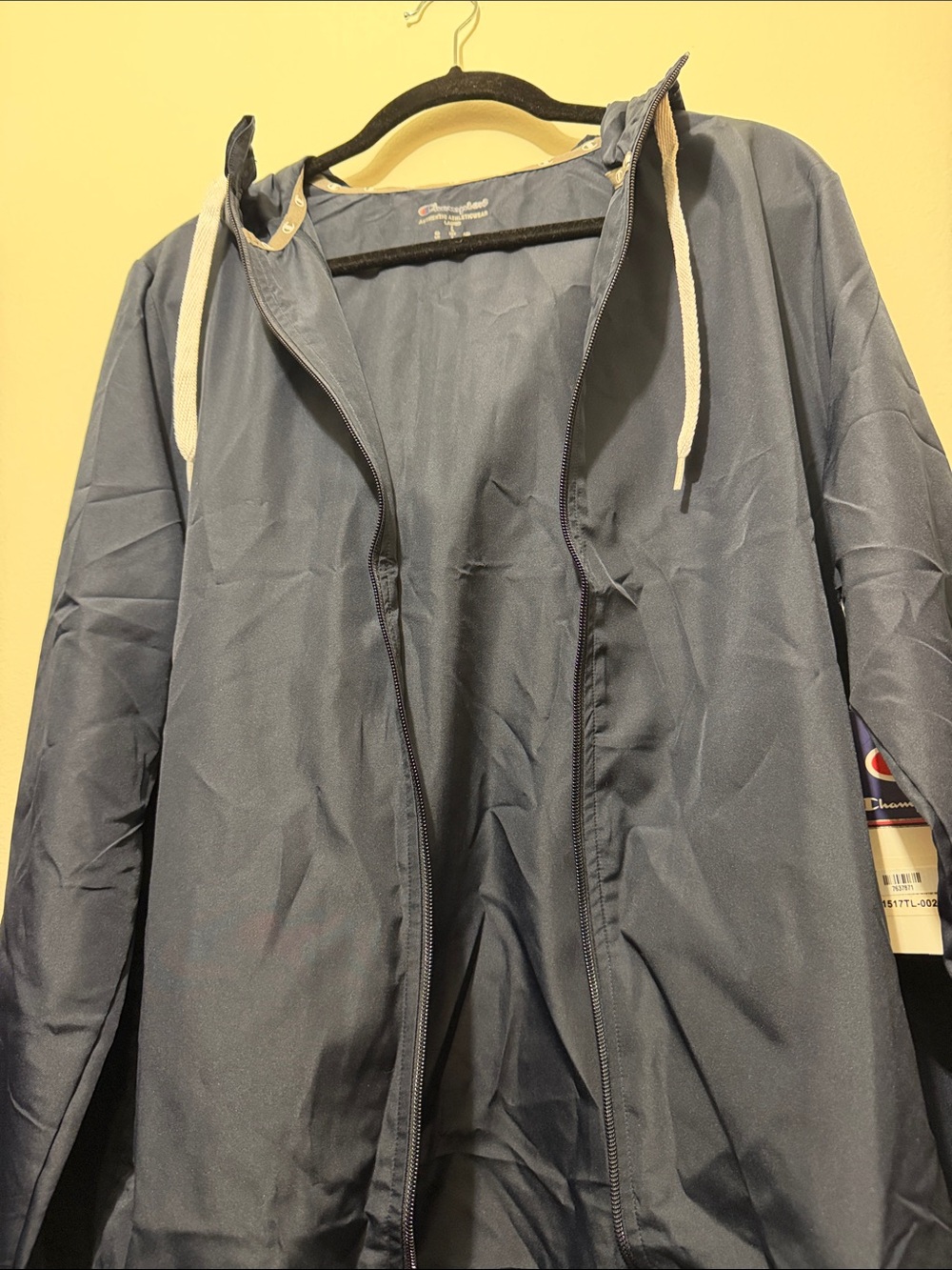Champion Blue Hooded Zip Windbreaker with White Drawstrings